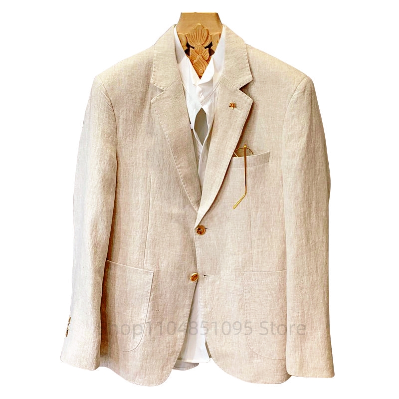 Men Linen Formal Wear - Beige Men Suit Linen Blazers Jackets
