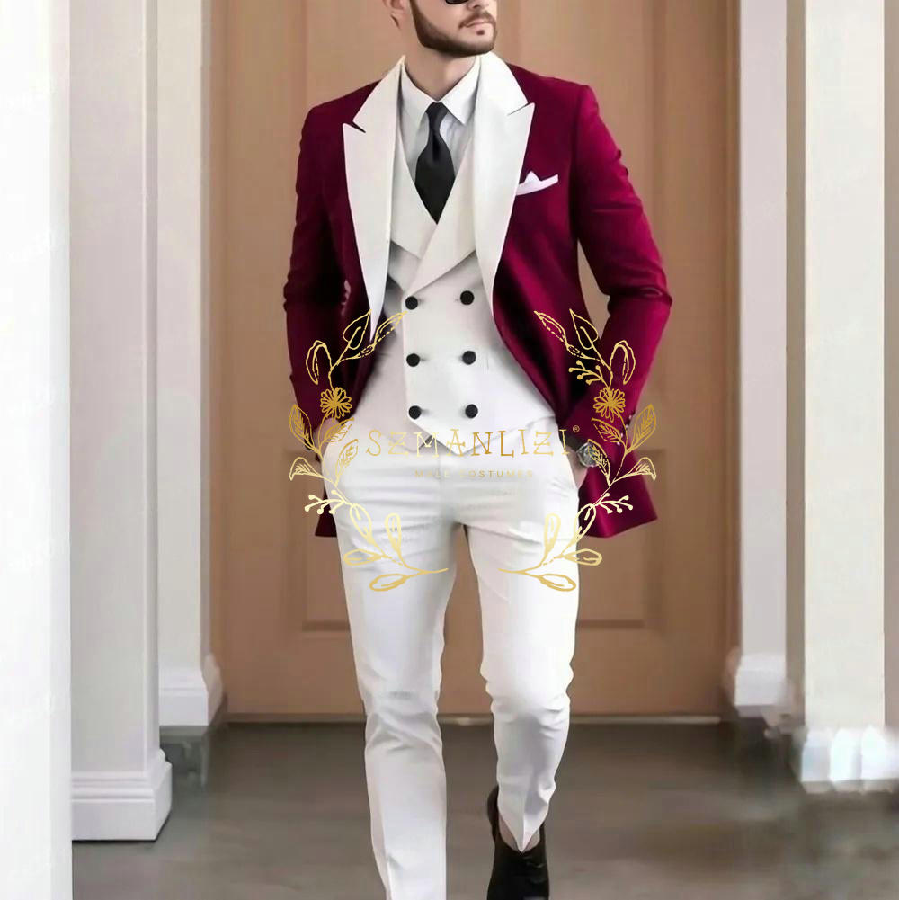 Men Formal Wear Jacket - Elegant Burgundy 3-pieces Men's Suit High