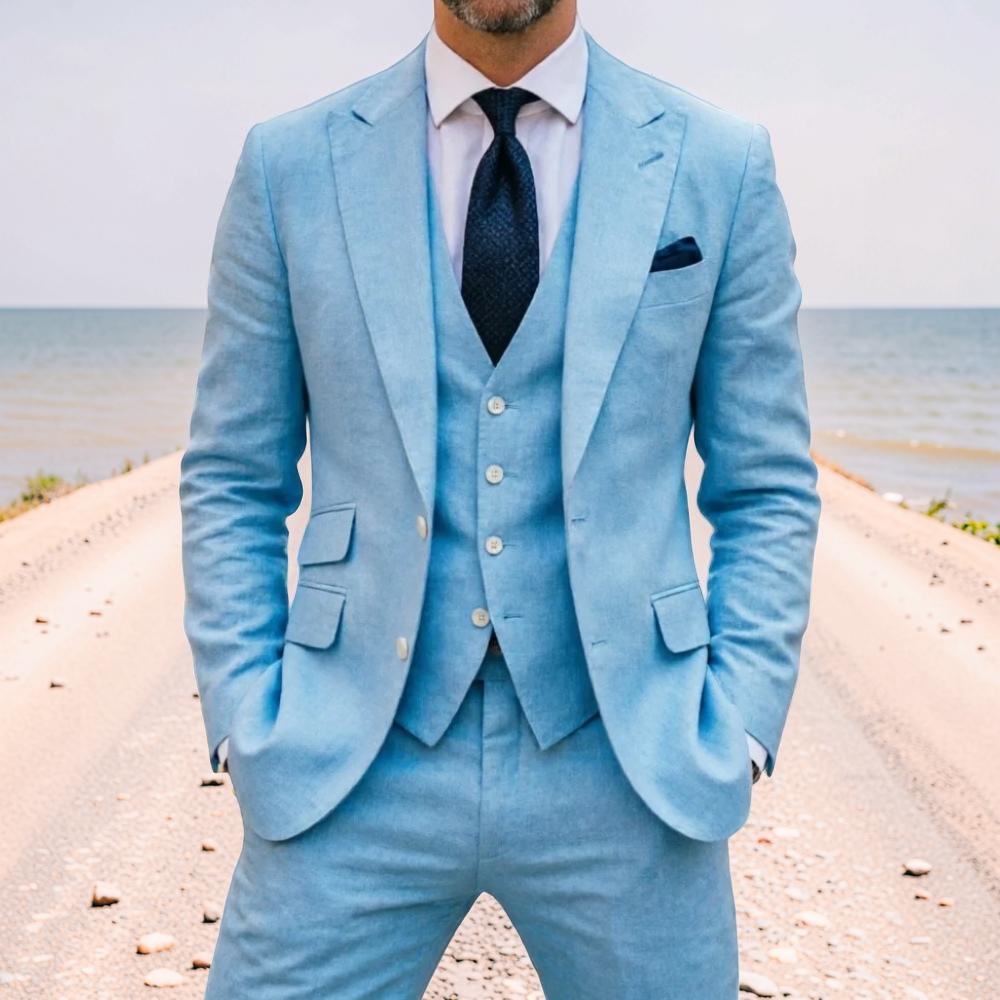 Men Linen Formal Wear - Sky Blue Linen Men Wedding Tuxedo