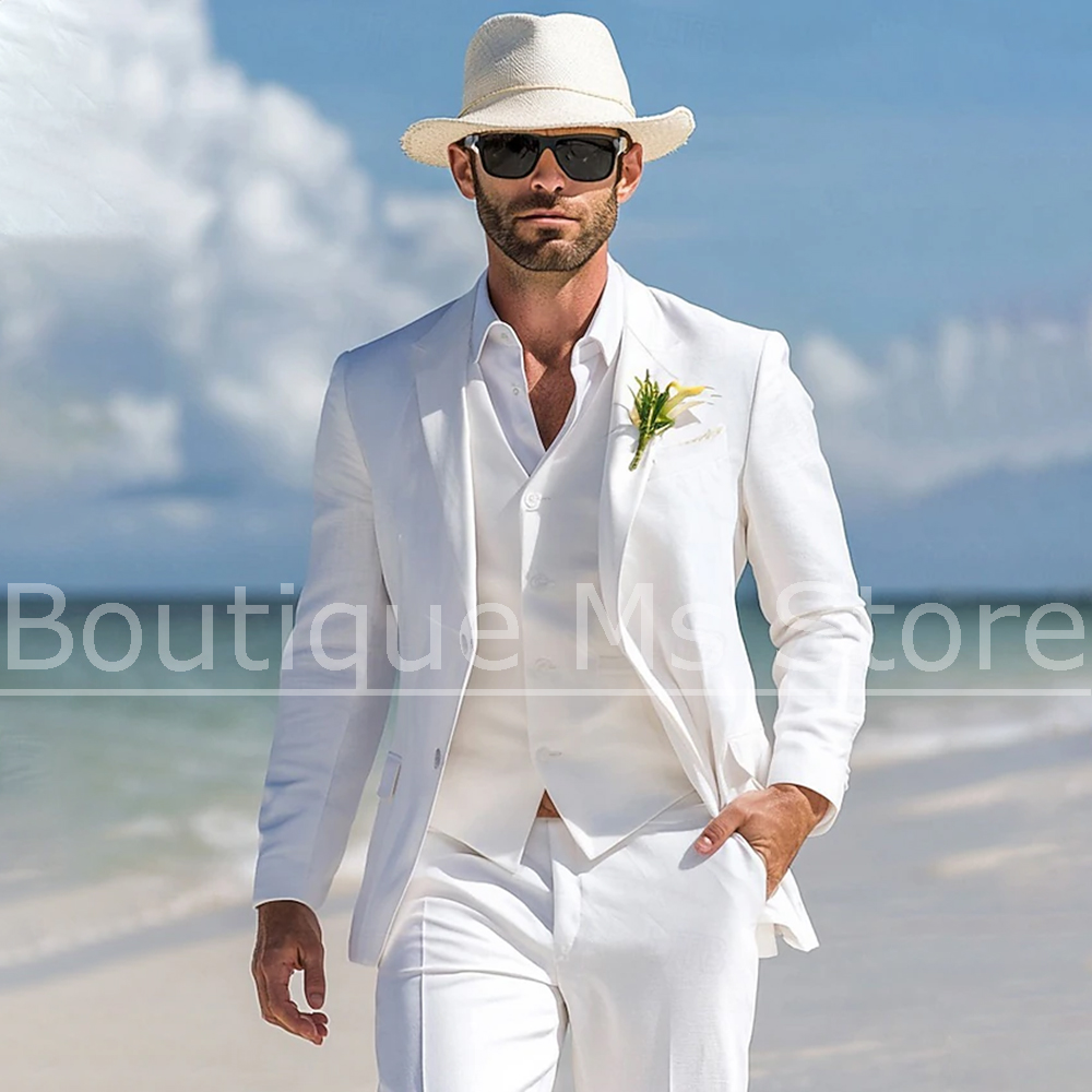 Men's White Linen Suit 3 Piece - đánh giá và giá Men Linen Formal Wear
